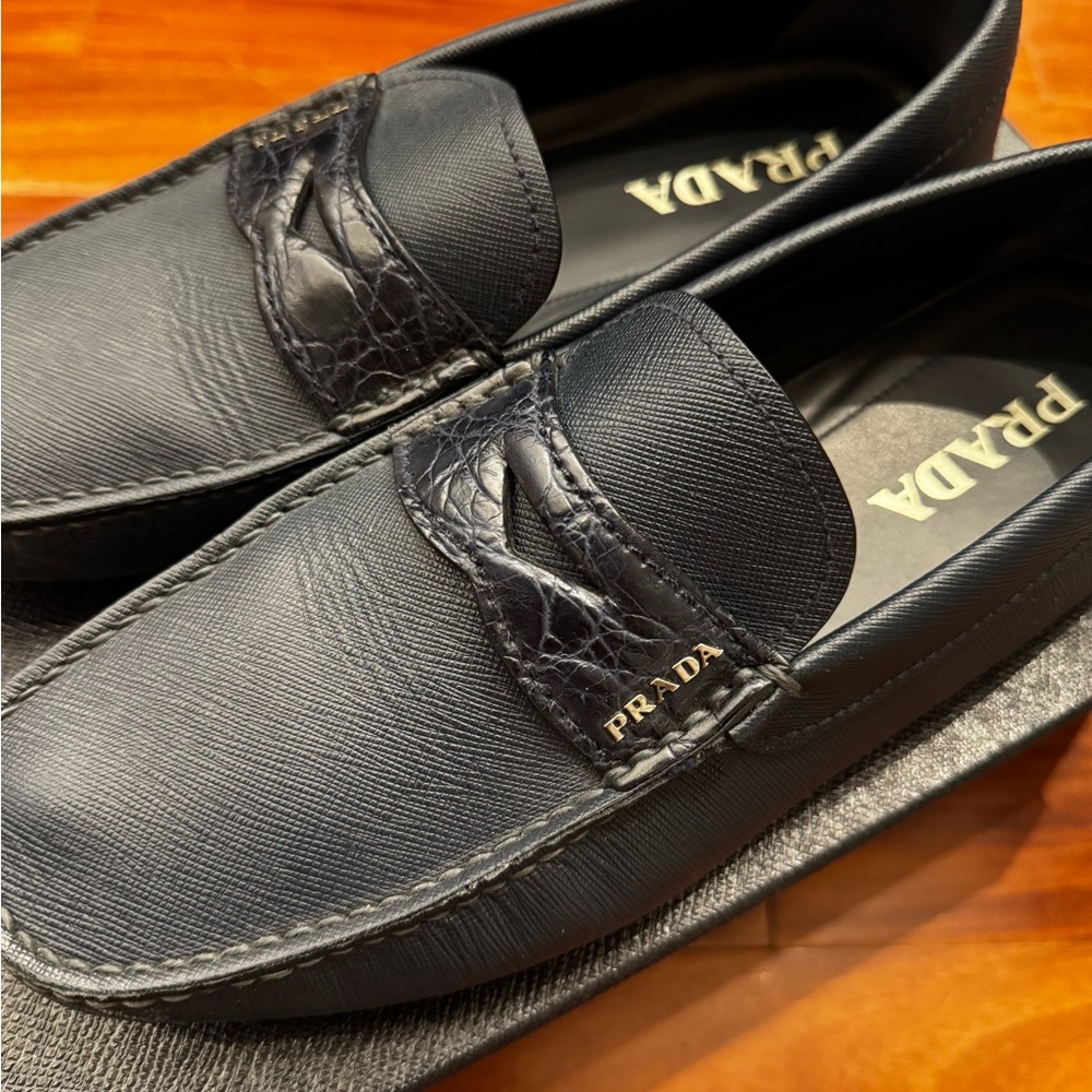 Prada Dark Navy Leather Loafers with Croc Penny Detail - Picture 3 of 4